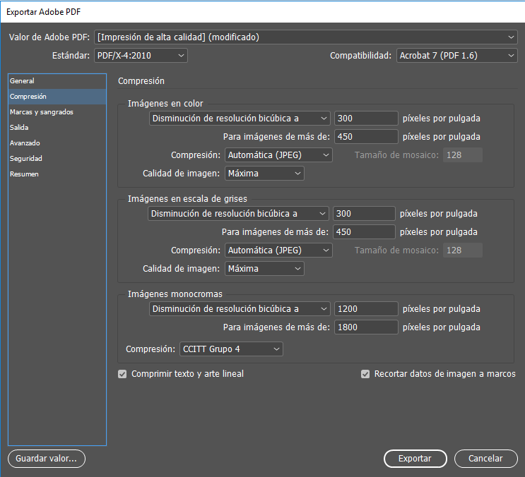 Exportar Pdfs con compresión